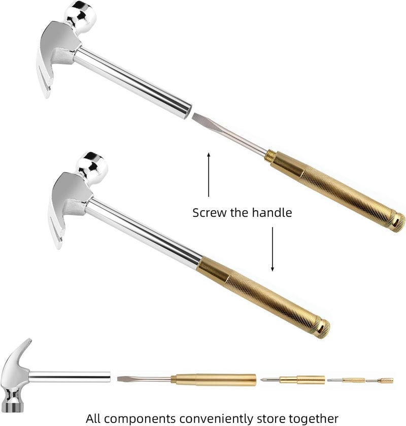 Kinobo Small Metal Hammer 6 in 1 with Slotted/Flat Head Phillips Screwdriver Claw Hammer Manual, Portable Multifunction Tool Hammer (Gold Silver) - Image 5
